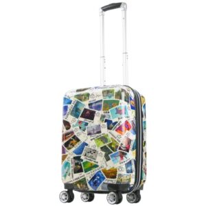 ful disney 100 22 inch carry on rolling luggage, 100 years of disney stamps hardshell suitcase with spinner wheels, multi