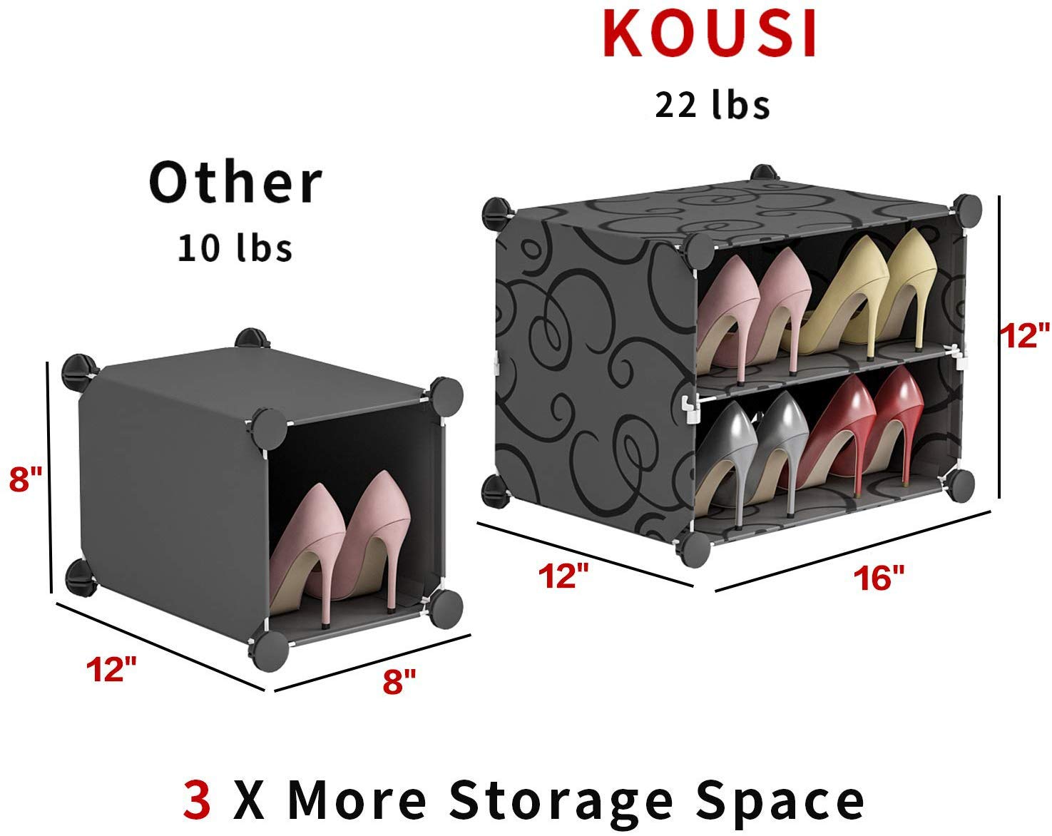 KOUSI 6 x 8-Tier Shoe Rack Shoe Tower Storage Cabinet Shoe Organizer Storage Organizer Modular Shoe Cabinet with Doors, Black