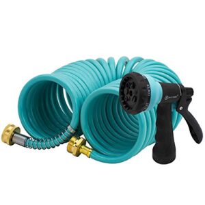 automan eva recoil garden hose 25ft - includes 7 pattern spray nozzle,curly water hose 25 foot,watering hose coil,retractable,corrosion resistant garden coil hose.