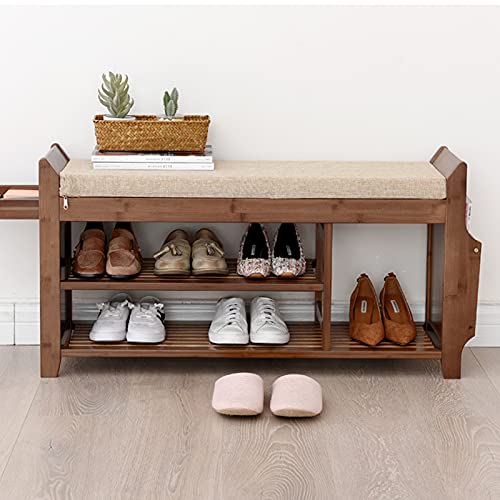 ZLELOUY Shoe Bench Shoe Rack Boot Organizer with baskets drawers For Hallway Entryway 2-Tier Bamboo Cushion Storage Shelf