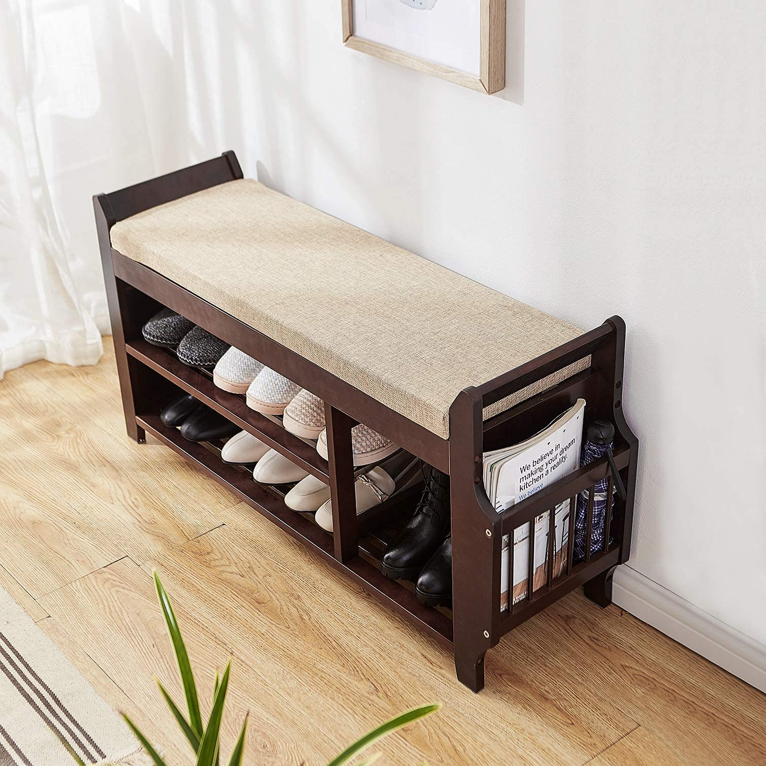 ZLELOUY Shoe Bench Shoe Rack Boot Organizer with baskets drawers For Hallway Entryway 2-Tier Bamboo Cushion Storage Shelf