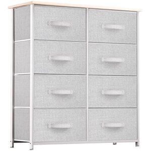 yitahome storage tower with 8 drawers - fabric dresser with large capacity, organizer unit for bedroom, living room & closets - sturdy steel frame, easy pull fabric bins & wooden top (light grey)