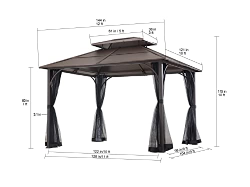 Sunjoy Hardtop Gazebo 10 x 12 ft. Outdoor Gazebo, Heavy Duty Steel Frame Gazebo, Double Tiered Metal Gazebo with Ceiling Hook and Mesh Netting, Brown