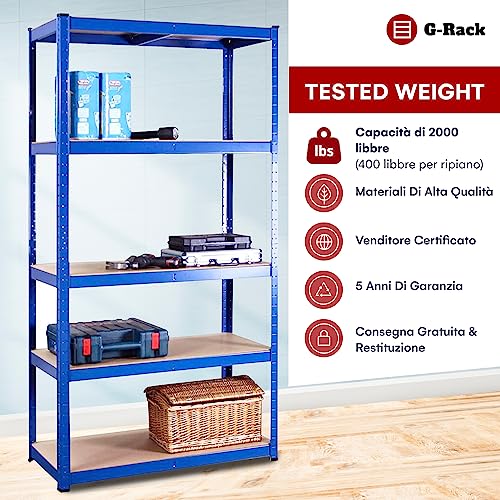 G-Rack Garage Shelving Units - 5 Tier Storage Rack Shelves Shelf Unit - 180 x 90 x 30-1 Bay 150kg Per Shelf - Heavy Duty Racking Metal Industrial Shelves Storage Rack Shed Solutions - Blue