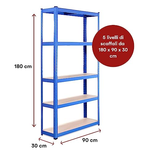 G-Rack Garage Shelving Units - 5 Tier Storage Rack Shelves Shelf Unit - 180 x 90 x 30-1 Bay 150kg Per Shelf - Heavy Duty Racking Metal Industrial Shelves Storage Rack Shed Solutions - Blue