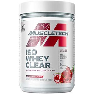 whey protein powder | muscletech clear whey protein isolate | whey isolate protein powder for women & men | clear protein drink | 22g of protein, 90 calories | arctic cherry blast, 1.1lb (19 servings)