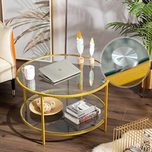 Bonnlo 31.5" Round Coffee Table with Open Storage Shelf,2-Tier Temperred Glass Round Accent Coffee Table with Metal Frame, Mustard Gold