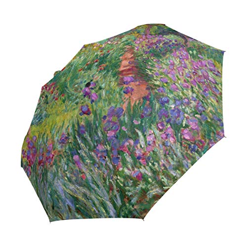 Auto Open Close Umbrella, Iris Garden At Giverny Monet Folding Travel Umbrellas for Rain and Sun