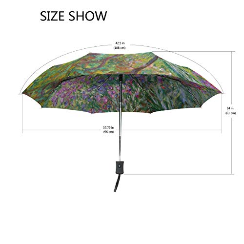 Auto Open Close Umbrella, Iris Garden At Giverny Monet Folding Travel Umbrellas for Rain and Sun