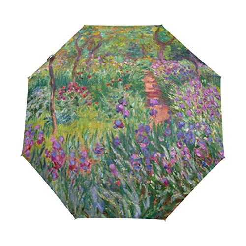 Auto Open Close Umbrella, Iris Garden At Giverny Monet Folding Travel Umbrellas for Rain and Sun