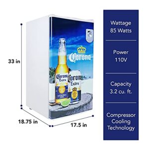 Corona Compact Fridge with Bottle Opener, 90 L/ 95 Quart 3.2 Cubic Foot for Snacks, Beverages, Juice, Beer, Den, Dorm, Office, Games Room, or RV