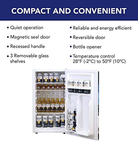 Corona Compact Fridge with Bottle Opener, 90 L/ 95 Quart 3.2 Cubic Foot for Snacks, Beverages, Juice, Beer, Den, Dorm, Office, Games Room, or RV