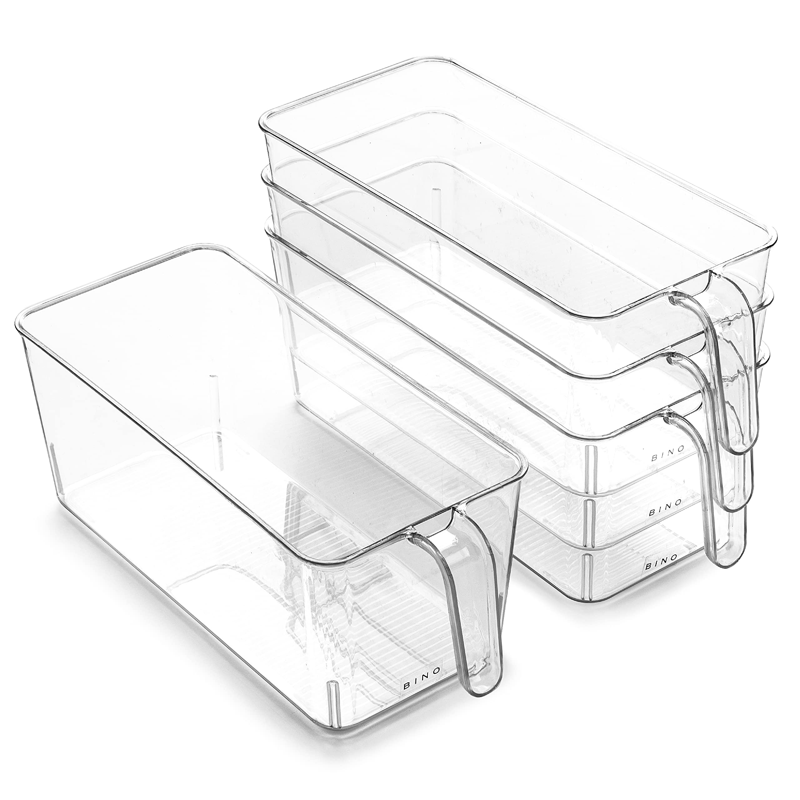 BINO l Plastic Storage Bins l THE HOLDER COLLECTION l 4-Pack, Medium Multi-Use Clear Containers for Organizing with Built-in Handles l Pantry Organization & Storage l Kitchen Organizer l Storage Bins