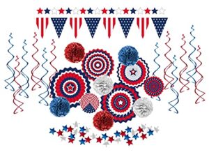 oojami 29pcs fourth of july ultimate patriotic decorations kit blue red white paper fans flag banner star streamer hanging swirls, pom pom, confetti, garland | ideal for your 4th of july party