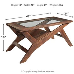 Signature Design by Ashley Charzine Contemporary Rectangular Coffee Table with Clear Tempered Glass Top, Brown