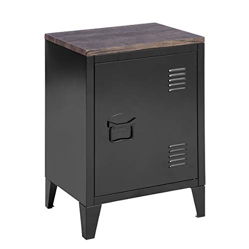 FurnitureR Metal Locker Storage Nightstand for Boy Teens Bedroom with Wood Top/Door 2 Tier Shelves Removable