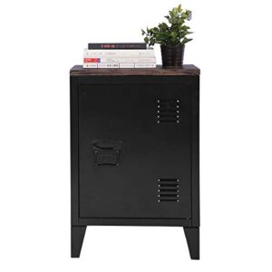 FurnitureR Metal Locker Storage Nightstand for Boy Teens Bedroom with Wood Top/Door 2 Tier Shelves Removable