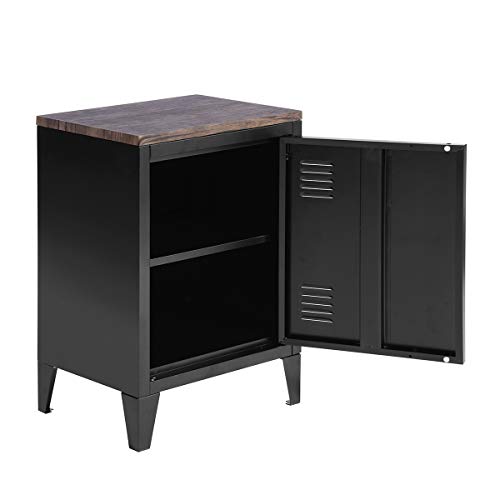 FurnitureR Metal Locker Storage Nightstand for Boy Teens Bedroom with Wood Top/Door 2 Tier Shelves Removable