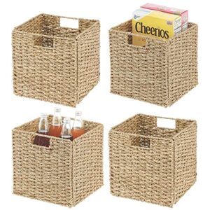 mdesign seagrass woven cube storage bin basket organizer with handles for kitchen pantry, cabinet, cupboard - shelf and cubby organization, holds food, drinks, snacks, appliances - 4 pack, natural/tan