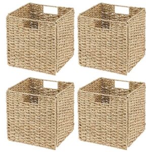 mDesign Seagrass Woven Cube Storage Bin Basket Organizer with Handles for Kitchen Pantry, Cabinet, Cupboard - Shelf and Cubby Organization, Holds Food, Drinks, Snacks, Appliances - 4 Pack, Natural/Tan