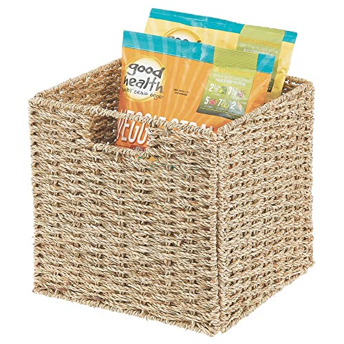 mDesign Seagrass Woven Cube Storage Bin Basket Organizer with Handles for Kitchen Pantry, Cabinet, Cupboard - Shelf and Cubby Organization, Holds Food, Drinks, Snacks, Appliances - 4 Pack, Natural/Tan