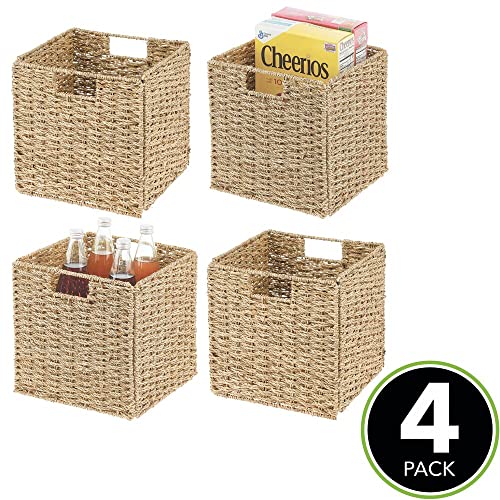 mDesign Seagrass Woven Cube Storage Bin Basket Organizer with Handles for Kitchen Pantry, Cabinet, Cupboard - Shelf and Cubby Organization, Holds Food, Drinks, Snacks, Appliances - 4 Pack, Natural/Tan