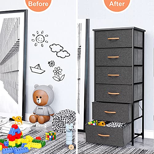 Crestlive Products Vertical Dresser Storage Tower - Sturdy Steel Frame, Wood Top, Easy Pull Fabric Bins, Wood Handles - Organizer Unit for Bedroom, Hallway, Entryway, Closets - 6 Drawers (Gray)