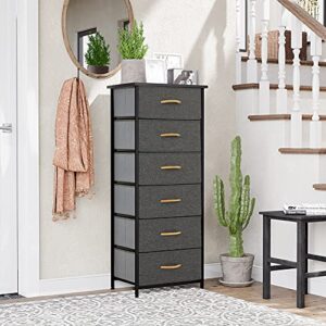 Crestlive Products Vertical Dresser Storage Tower - Sturdy Steel Frame, Wood Top, Easy Pull Fabric Bins, Wood Handles - Organizer Unit for Bedroom, Hallway, Entryway, Closets - 6 Drawers (Gray)