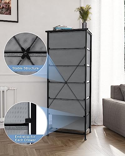 Crestlive Products Vertical Dresser Storage Tower - Sturdy Steel Frame, Wood Top, Easy Pull Fabric Bins, Wood Handles - Organizer Unit for Bedroom, Hallway, Entryway, Closets - 6 Drawers (Gray)