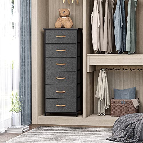 Crestlive Products Vertical Dresser Storage Tower - Sturdy Steel Frame, Wood Top, Easy Pull Fabric Bins, Wood Handles - Organizer Unit for Bedroom, Hallway, Entryway, Closets - 6 Drawers (Gray)