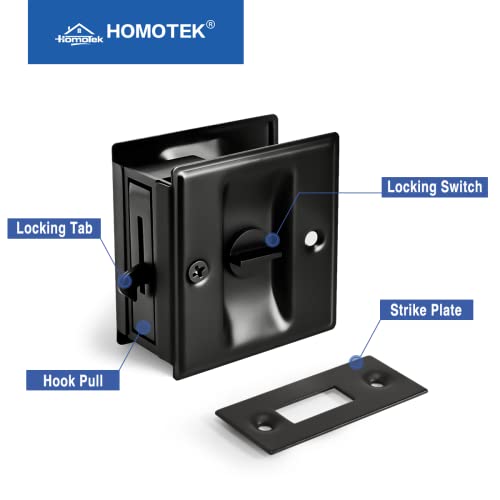 HOMOTEK Privacy Sliding Door Lock with Pull - Replace Old Or Damaged Pocket Locks Hardware Quickly and Easily, 2-3/4”x2-1/2”, for 1-3/8” Thickness Door, Black