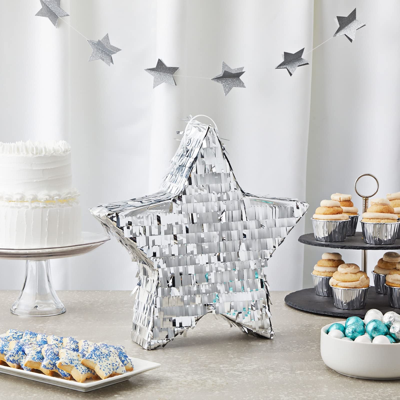 Silver Foil Star Pinata for Kids Birthday, Twinkle Twinkle Little Star Gender Reveal Party Decorations (Small, 13 x 13 x 3 In)