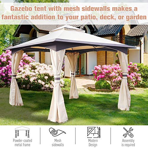 Outsunny 10' x 10' Outdoor Gazebo with Mesh Netting Sidewalls for Shade and Rain, Patio Gazebo Canopy with 2-Tier Soft Top Roof and Steel Frame for Lawn, Garden, Backyard and Deck