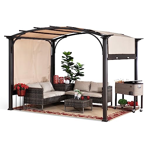 Sunjoy Lindt 9.5 x 11 ft. Steel Arched Pergola with 2-Tone Adjustable Shade, Tan & Brown