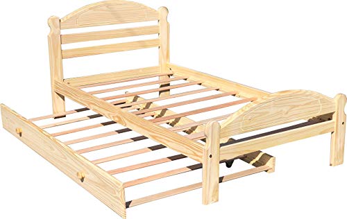 Arizona Twin Bed with Trundle Solid Pine Wooden Trundle Bed Hardwood Slats Support Unfinished Suitable for Boys Girls Kids Bedroom Single Wooden Bed Frame