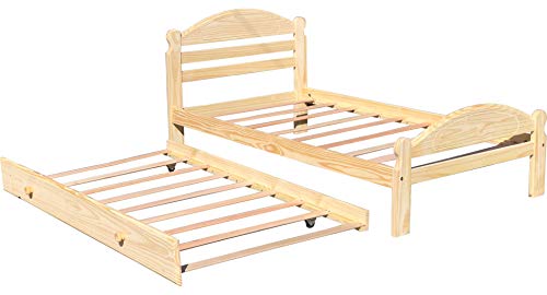 Arizona Twin Bed with Trundle Solid Pine Wooden Trundle Bed Hardwood Slats Support Unfinished Suitable for Boys Girls Kids Bedroom Single Wooden Bed Frame