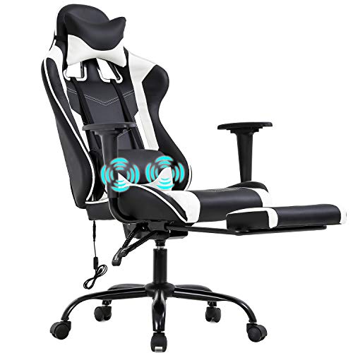 BestOffice Racing Office Ergonomic Desk Massage PU Leather Recliner Computer Lumbar Support Headrest Armrest Footrest Rolling Swivel Task Chair for, Adults, White