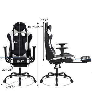 BestOffice Racing Office Ergonomic Desk Massage PU Leather Recliner Computer Lumbar Support Headrest Armrest Footrest Rolling Swivel Task Chair for, Adults, White