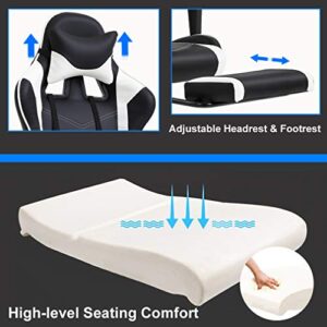 BestOffice Racing Office Ergonomic Desk Massage PU Leather Recliner Computer Lumbar Support Headrest Armrest Footrest Rolling Swivel Task Chair for, Adults, White