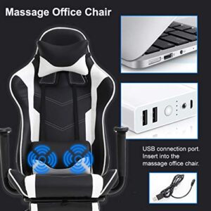 BestOffice Racing Office Ergonomic Desk Massage PU Leather Recliner Computer Lumbar Support Headrest Armrest Footrest Rolling Swivel Task Chair for, Adults, White