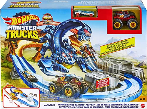 Hot Wheels Monster Trucks Scorpion Sting Raceway Track Set with 1 Toy Truck & 1 Hot Wheels Car in 1:64 Scale, Boosted Race Track