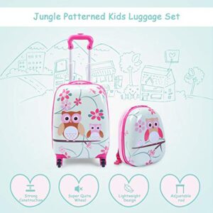 GYMAX Kids Carry On Luggage Set, 12" & 16" 2PCS Rolling Suitcase (Owl)