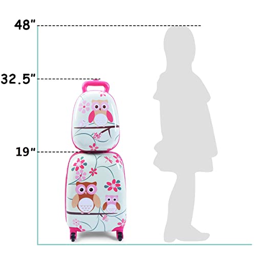 GYMAX Kids Carry On Luggage Set, 12" & 16" 2PCS Rolling Suitcase (Owl)