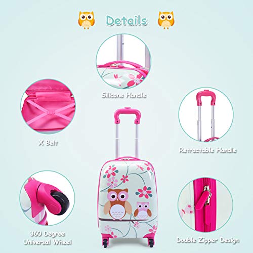 GYMAX Kids Carry On Luggage Set, 12" & 16" 2PCS Rolling Suitcase (Owl)