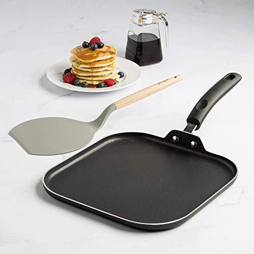 Goodful Aluminum Non-Stick Square Griddle Pan/Flat Grill, Made Without PFOA, with Nylon Pancake Turner, Dishwasher Safe Cookware, 11" x 11", Charcoal Gray