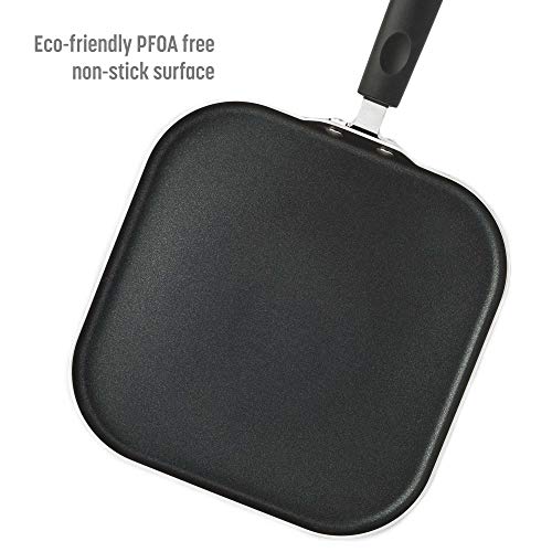 Goodful Aluminum Non-Stick Square Griddle Pan/Flat Grill, Made Without PFOA, with Nylon Pancake Turner, Dishwasher Safe Cookware, 11" x 11", Charcoal Gray