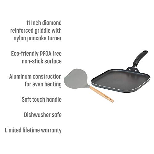 Goodful Aluminum Non-Stick Square Griddle Pan/Flat Grill, Made Without PFOA, with Nylon Pancake Turner, Dishwasher Safe Cookware, 11" x 11", Charcoal Gray