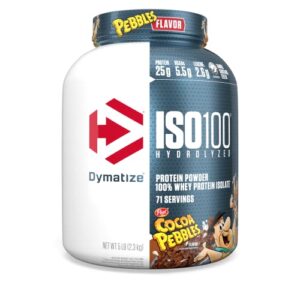 dymatize iso100 hydrolyzed protein powder, 100% whey isolate, 25g of protein, 5.5g bcaas, gluten free, fast absorbing, easy digesting, cocoa pebbles, 5 pound (pack of 1)