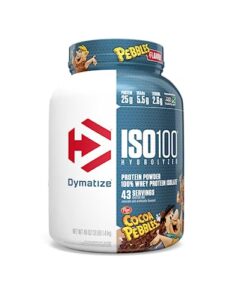 dymatize iso100 hydrolyzed protein powder, 100% whey isolate , 25g of protein, 5.5g bcaas, gluten free, fast absorbing, easy digesting, cocoa pebbles, 3 pound