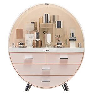 ihuiniya makeup storage organizer box，cosmetics storage display rack with drawer，waterproof, dustproof, elegant display cabinet，suitable for bathroom countertop, bedroom dresser (large pink)